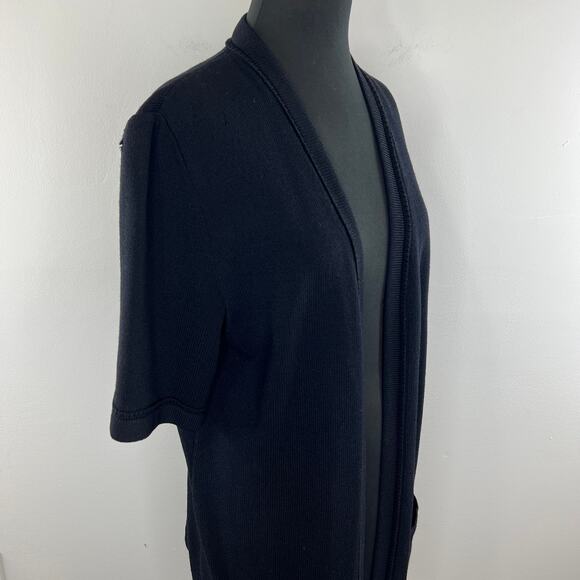 St John Basics Black Santana Wool Knit Open Front Duster Cardigan Large L FLAW - Picture 5 of 12